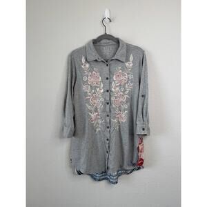 Caite Johnny Style Women’s M Button Up Tunic Shirt Embroidered Floral Boho Artsy